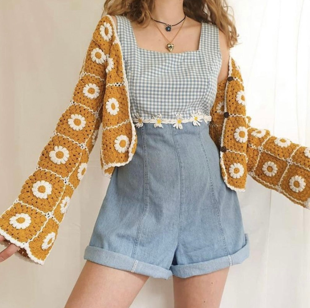 Sia. Vintage Flower Crochet Button Down Cardigan With Flare Sleeves