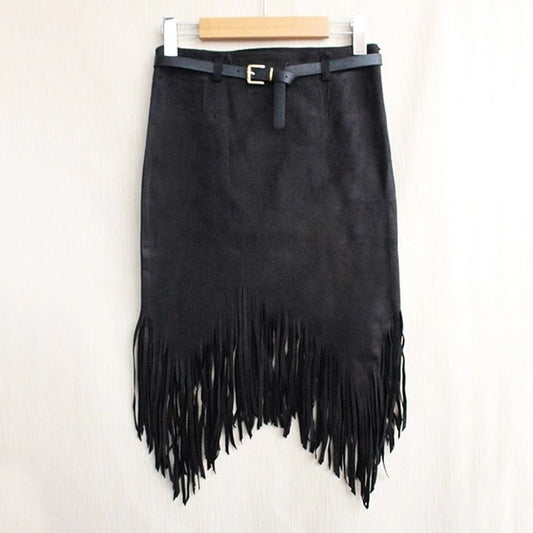 Alison Suede Pencil black Fringe Skirt