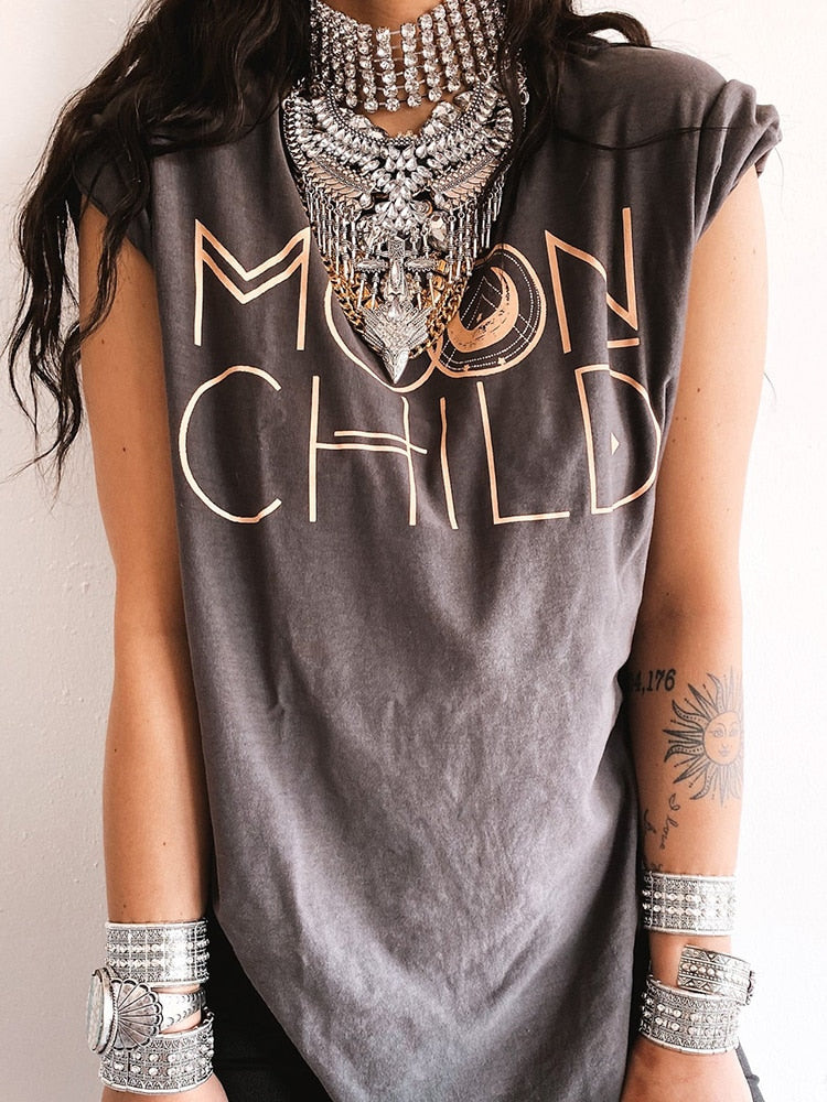Moon Child Print Drop-shoulder Vintage T Shirt